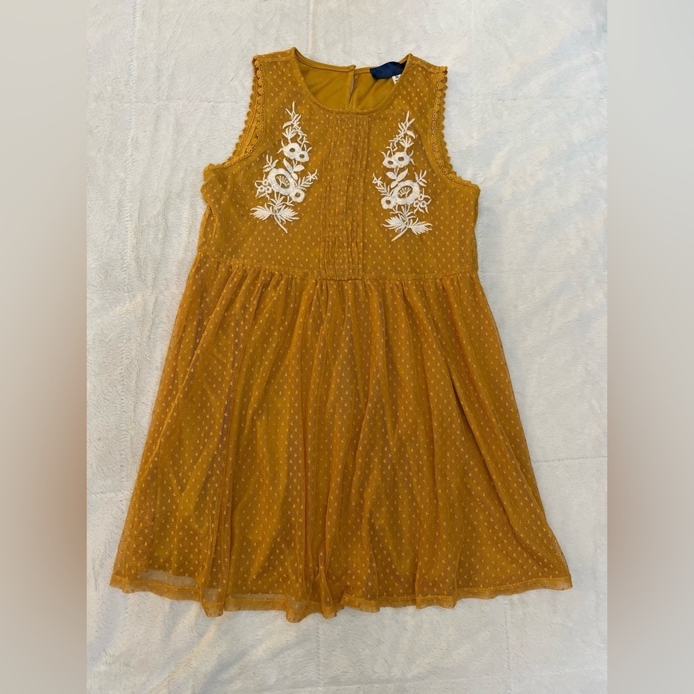 🌻 Blue Rain by Francesca’s - Mustard Yellow Embroidered Sleeveless Dress - Picture 3 of 9
